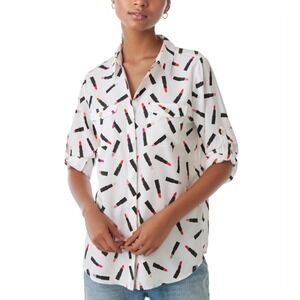 Karl Lagerfeld Paris‎ Shirt Womens XS White Lipstick Print Button Up Whimsical